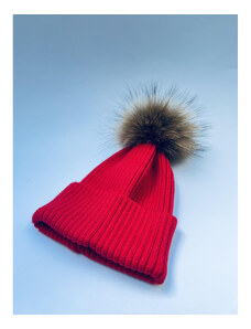 NAZAZU Дамски плетени шапки с естествен пух - Червена