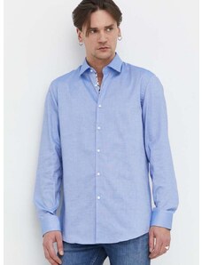 Памучна риза HUGO мъжка в синьо с кройка по тялото класическа яка 50513916