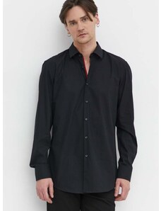 Памучна риза HUGO мъжка в черно с кройка по тялото класическа яка 50513932