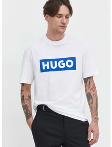 Памучна тениска Hugo Blue в бяло с принт 50522376