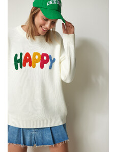Happiness İstanbul Women's Ecru Punch Embroidered Oversize Thick Knitwear Sweater