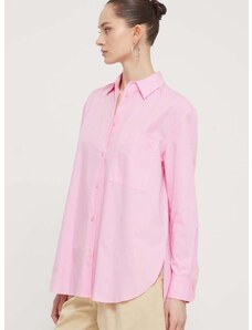 Памучна риза HUGO дамска в розово със свободна кройка с класическа яка 50515741