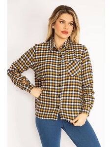 Şans Women's Plus Size Mustard Comfortable Cut Plaid Shirt