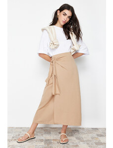 Trendyol Camel Double Breasted Tie Detailed Woven Linen Look Skirt