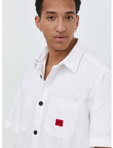 Памучна риза HUGO мъжка в бяло със свободна кройка с класическа яка 50495912