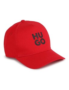 Детска памучна шапка с козирка HUGO в червено с апликация