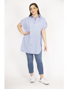 Şans Women's Blue Plus Size Sleeve Epaulette Side Slit Striped Shirt