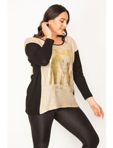 Şans Women's Plus Size Black Lacquered Front Two-tone Print Detailed Tunic