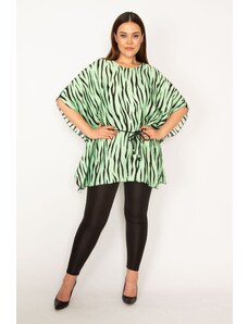 Şans Women's Plus Size Green Satin Fabric Tunic with a Slip Waist, Laced