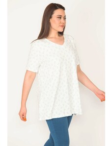 Şans Women's Plus Size Bone Cotton Fabric V-Neck Patterned Tunic