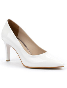 Лачени дамски обувки на тъник ток в бяло
