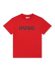 Детска памучна тениска HUGO в червено с принт