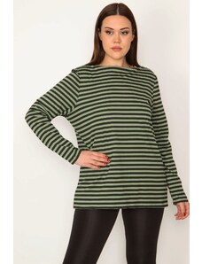 Şans Women's Plus Size Green Crew Neck Long Sleeve Striped Blouse