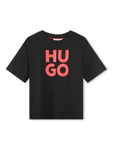 Детска памучна тениска HUGO в черно с принт