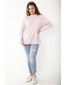 Şans Women's Plus Size Pink Cotton Fabric Zero Collar Stone Detailed Blouse