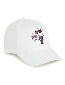 Детска памучна шапка с козирка Karl Lagerfeld в бежово с принт