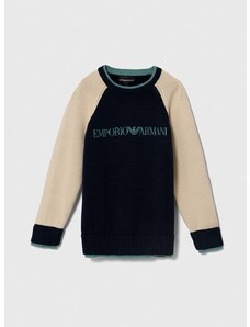 Детски памучен пуловер Emporio Armani в тъмносиньо от лека материя