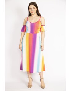 Şans Women's Colorful Plus Size Collar Elastic Strap Adjustable Length Colorful Dress