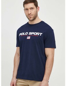 Памучна тениска Polo Ralph Lauren в тъмносиньо с принт 710750444
