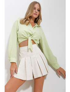 Trend Alaçatı Stili Women's Peanut Green Double Pocket Front Tie Aerobin Crop Shirt
