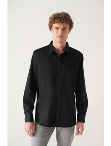 Avva Men's Black 100% Cotton Satin Shirt with Concealed Pop, Slim Fit Fit Shirt