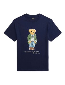 Детска памучна тениска Polo Ralph Lauren в тъмносиньо с принт
