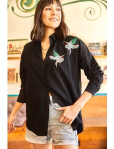 Olalook Women's Black Bird Sequin Detail Woven Boyfriend Shirt