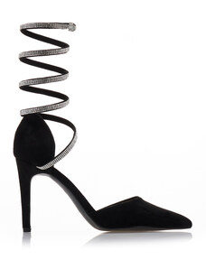 Tsoukalas Обувки на ток в черен цвят, от синтетичен велур, с каишки с кристали, остър връх