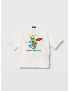 Детска памучна тениска Emporio Armani The Smurfs в бяло с принт