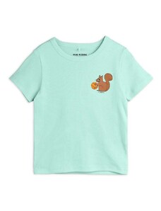 Детска памучна тениска Mini Rodini Squirrel в зелено с принт 0
