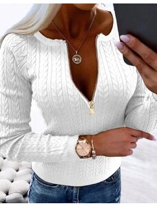 Creative Дамски пуловер с цип в бяло - код 63017