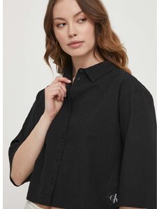 Памучна риза Calvin Klein Jeans дамска в черно със свободна кройка с класическа яка J20J223426