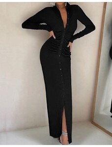 Creative Стилна дълга дамска рокля с копчета в черно - код 11112