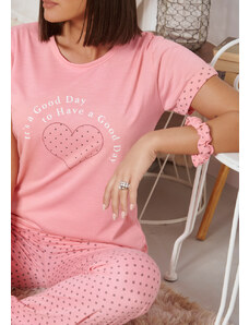 Comfort Дамска пижама с дълъг панталон с точки и сърце - Корал