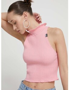 Памучен пуловер Moschino Jeans в розово от лека материя с ниско поло