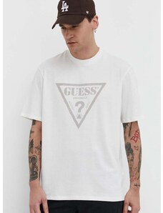 Памучна тениска Guess Originals в бежово с принт