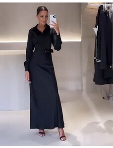 Creative Елегантна дълга сатенена рокля с колан в черно - код 23800