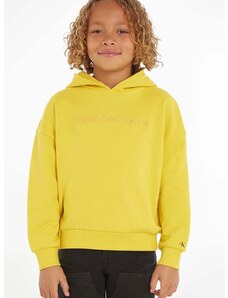 Детски памучен суичър Calvin Klein Jeans в жълто с качулка с изчистен дизайн
