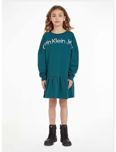 Детска памучна рокля Calvin Klein Jeans в зелено къса разкроена