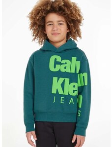 Детски суичър Calvin Klein Jeans в зелено с качулка с принт