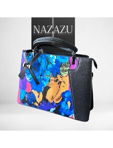 NAZAZU Цветна твърда дамска чанта с черни орнаменти и панделка - 030308