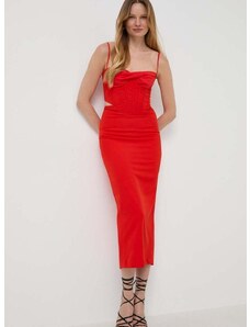 Рокля Bardot в червено среднодълга със стандартна кройка