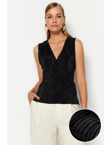 Trendyol Black Premium Pleated V-Neck Knitted Blouse