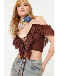 Trendyol Brown Crop Knitted Ruffle Blouse
