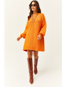 Olalook Women's Orange Crew Neck Balloon Sleeve Soft Textured Knitwear Tunic Dress