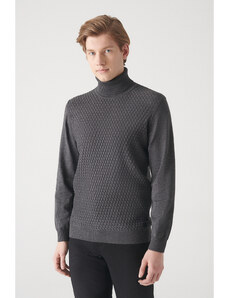 Avva Men's Anthracite Full Turtleneck Front Textured Cotton Regular Fit Knitwear Sweater