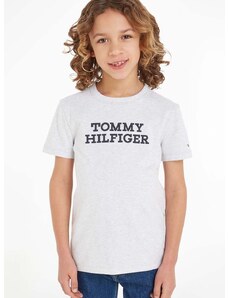 Детска памучна тениска Tommy Hilfiger в сиво с принт