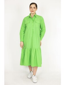 Şans Women's Green Plus Size Front Pat Buttoned Chest Pocket Tiered Hem Dress