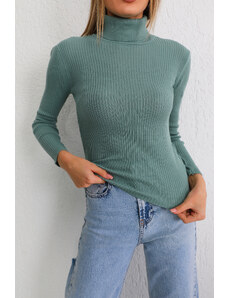 BİKELİFE Дамски зелен ликра гъвкави водолазка трикотаж пуловер