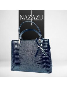 NAZAZU Твърда дамска чанта с черни орнаменти и панделка - черен лак 030309